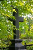De foto van de zwarte steen van het Christelijke kruis op een achtergrond van zonovergoten overvloedig bos-parkgroen van bomen, s royalty-vrije stock foto's De foto van de zwarte steen van het Christelijke kruis op een achtergrond van zonovergoten overvloedig bos-parkgroen van bomen, s royalty-vrije stock foto's