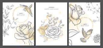 De gelukkige kaarten van de verjaardagsgroet met hand getrokken bloemen en vogels Vector illustratie Trendy Achtergrond Moderne r stock illustratie De gelukkige kaarten van de verjaardagsgroet met hand getrokken bloemen en vogels Vector illustratie Trendy Achtergrond Moderne r stock illustratie