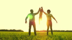 De gelukkige moeder en de vader die kind` s handen houden heffen het, tegen de achtergrond van zonsondergang op Het concept geluk stock footage De gelukkige moeder en de vader die kind` s handen houden heffen het, tegen de achtergrond van zonsondergang op Het concept geluk stock footage