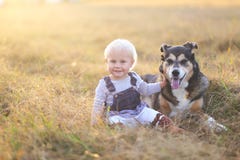 De gelukkige Zitting van het Babymeisje op Gebied met Goedgekeurde Duitse herder Pe stock fotografie De gelukkige Zitting van het Babymeisje op Gebied met Goedgekeurde Duitse herder Pe stock fotografie