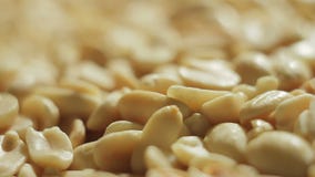 De gepelde pinda's zijn gebraden in een pan Hand met lepel het bewegen noten stock footage De gepelde pinda's zijn gebraden in een pan Hand met lepel het bewegen noten stock footage