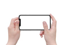 De geïsoleerde zwarte gebogen mobiele telefoon van x in horizontale positie in vrouwenhanden royalty-vrije stock fotografie De geïsoleerde zwarte gebogen mobiele telefoon van x in horizontale positie in vrouwenhanden royalty-vrije stock fotografie