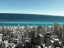 De golf die van Tsunami aan stad komt royalty-vrije stock afbeelding De golf die van Tsunami aan stad komt royalty-vrije stock afbeelding