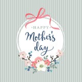 De groetkaart van de moedersdag, uitnodiging Borstelmanuscript, kalligrafisch ontwerp Wit etiket met lint, bloemen, bladeren en vector illustratie De groetkaart van de moedersdag, uitnodiging Borstelmanuscript, kalligrafisch ontwerp Wit etiket met lint, bloemen, bladeren en vector illustratie