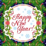 De groetkaart van de de wintervakantie met Kerstmisdecoratie en artistieke geschreven teksten ` Gelukkig Nieuwjaar! ` royalty-vrije illustratie De groetkaart van de de wintervakantie met Kerstmisdecoratie en artistieke geschreven teksten ` Gelukkig Nieuwjaar! ` royalty-vrije illustratie