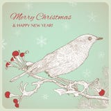 De hand getrokken kaart van de Kerstmisgroet met vogelzitting op takjes vector illustratie De hand getrokken kaart van de Kerstmisgroet met vogelzitting op takjes vector illustratie