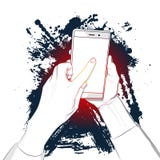 De hand houdt smartphone met het witte scherm en een vinger raakt de vertoning stock illustratie De hand houdt smartphone met het witte scherm en een vinger raakt de vertoning stock illustratie