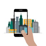 De hand houdt de telefoon, makend een foto van de stad Vlakke vectorgrafiek royalty-vrije illustratie De hand houdt de telefoon, makend een foto van de stad Vlakke vectorgrafiek royalty-vrije illustratie