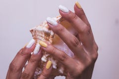 De handen met mooi manicured spijkers en overzeese shell royalty-vrije stock foto De handen met mooi manicured spijkers en overzeese shell royalty-vrije stock foto