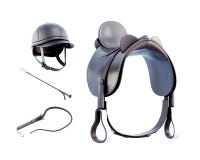 De helm, zadel, ranselt voor geïsoleerd berijden op witte achtergrond 3d vector illustratie De helm, zadel, ranselt voor geïsoleerd berijden op witte achtergrond 3d vector illustratie