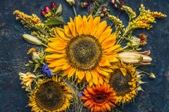 De herfst bloeit en verlaat samenstelling met zonnebloemen op donkere rustieke achtergrond, hoogste mening stock afbeelding De herfst bloeit en verlaat samenstelling met zonnebloemen op donkere rustieke achtergrond, hoogste mening stock afbeelding
