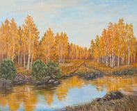 De herfstbos dichtbij de rivier, oranje bladeren Origineel olieverfschilderij op canvas stock illustratie De herfstbos dichtbij de rivier, oranje bladeren Origineel olieverfschilderij op canvas stock illustratie