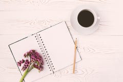 De hoogste mening van een agenda of een notitieboekje, het potlood en de kop van koffie en purple bloeien op een witte houten lij stock foto's De hoogste mening van een agenda of een notitieboekje, het potlood en de kop van koffie en purple bloeien op een witte houten lij stock foto's