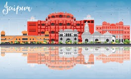 De Horizon van Jaipur met Kleurenoriëntatiepunten, Blauwe Hemel en Bezinningen vector illustratie De Horizon van Jaipur met Kleurenoriëntatiepunten, Blauwe Hemel en Bezinningen vector illustratie
