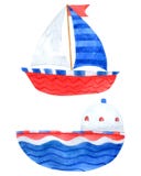 De inzameling van de bootwaterverf op witte die achtergrond, de Hand van het Schipbeeldverhaal voor Jonge geitjes, Groetkaart, Ge royalty-vrije illustratie De inzameling van de bootwaterverf op witte die achtergrond, de Hand van het Schipbeeldverhaal voor Jonge geitjes, Groetkaart, Ge royalty-vrije illustratie