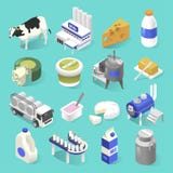 De isometrische reeks van de zuivelproductenfabriek op blauw stock illustratie De isometrische reeks van de zuivelproductenfabriek op blauw stock illustratie