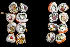 De Japanse traditionele sushibroodjes met gerookte palingsvullingen, sluiten omhoog stock foto De Japanse traditionele sushibroodjes met gerookte palingsvullingen, sluiten omhoog stock foto