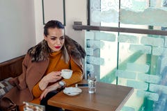 De jonge vrouw in koffie drinkt koffie na het winkelen stock foto De jonge vrouw in koffie drinkt koffie na het winkelen stock foto