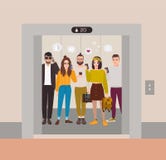 De jongeren kleedde zich in in zich in lift met open deuren bevinden en kleren die smartphones gebruiken Groep diverse mensen vector illustratie De jongeren kleedde zich in in zich in lift met open deuren bevinden en kleren die smartphones gebruiken Groep diverse mensen vector illustratie