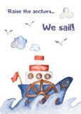 De kaart van de waterverfgroet met het leuke schip van de beeldverhaalbaby stock illustratie De kaart van de waterverfgroet met het leuke schip van de beeldverhaalbaby stock illustratie