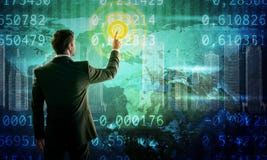 De kaartinterface van de zakenman duwende wereld stock afbeelding De kaartinterface van de zakenman duwende wereld stock afbeelding