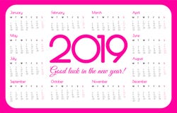 de kalender van de het jaarzak van 2019 Roze kleur, eenvoudig ontwerp Het begin van de week op Maandag Vector illustratie stock illustratie de kalender van de het jaarzak van 2019 Roze kleur, eenvoudig ontwerp Het begin van de week op Maandag Vector illustratie stock illustratie