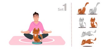 De kattenspelen met een stofzuiger, berijdt een slimme stofzuiger, vector illustratie De kattenspelen met een stofzuiger, berijdt een slimme stofzuiger, vector illustratie