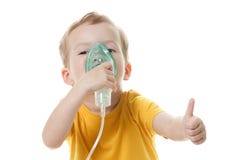 De Kaukasisch die zuurstof van de kindholding of inhaleertoestelteken op wit wordt geïsoleerd royalty-vrije stock fotografie De Kaukasisch die zuurstof van de kindholding of inhaleertoestelteken op wit wordt geïsoleerd royalty-vrije stock fotografie