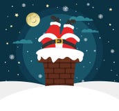 De Kerstman draagt giften Volle maan, sterren en sneeuwval Santa Claus krijgt in de schoorsteen Vector illustratie De kaart van d Stock Afbeeldingen De Kerstman draagt giften Volle maan, sterren en sneeuwval Santa Claus krijgt in de schoorsteen Vector illustratie De kaart van d Stock Afbeeldingen