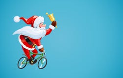 De Kerstman met klok bij fiets Het karakter van het Kerstmisbeeldverhaal royalty-vrije illustratie De Kerstman met klok bij fiets Het karakter van het Kerstmisbeeldverhaal royalty-vrije illustratie