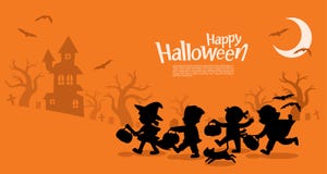 De kinderen in Halloween gaan Truc of het Behandelen royalty-vrije illustratie De kinderen in Halloween gaan Truc of het Behandelen royalty-vrije illustratie