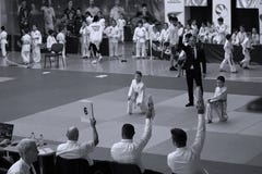 De kinderenvechters van Jiujitsu met Scheidsrechter bij Roemeens Kampioenschap, Minderen, Mei 2018 royalty-vrije stock foto De kinderenvechters van Jiujitsu met Scheidsrechter bij Roemeens Kampioenschap, Minderen, Mei 2018 royalty-vrije stock foto