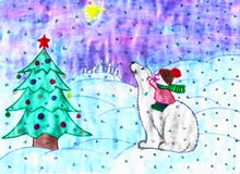 De kindzitting op het wit draagt, Kerstmisboom, sneeuw, kindtekening royalty-vrije illustratie De kindzitting op het wit draagt, Kerstmisboom, sneeuw, kindtekening royalty-vrije illustratie