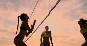 DE LANGZAME MOTIE, LAGE HOEK, SLUIT OMHOOG, ZONgloed: Het atletische volleyball van het meisjes speelstrand springt in de lucht e stock footage DE LANGZAME MOTIE, LAGE HOEK, SLUIT OMHOOG, ZONgloed: Het atletische volleyball van het meisjes speelstrand springt in de lucht e stock footage