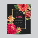 De Lay-outmalplaatje van de huwelijksuitnodiging met Rode Asters-Bloemen Sparen de Datum Bloemenkaart met Exotische Bloemen voor stock illustratie De Lay-outmalplaatje van de huwelijksuitnodiging met Rode Asters-Bloemen Sparen de Datum Bloemenkaart met Exotische Bloemen voor stock illustratie