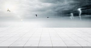 De lege marmeren vloerbovenkant met panoramische hemelmening onder zonsopgang en het onweer donderen grijze hemelachtergrond vector illustratie De lege marmeren vloerbovenkant met panoramische hemelmening onder zonsopgang en het onweer donderen grijze hemelachtergrond vector illustratie