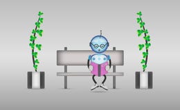 De leuke beeldverhaalrobot leest boekzitting op de bank vector illustratie De leuke beeldverhaalrobot leest boekzitting op de bank vector illustratie