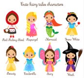 De leuke karakters van kawaiisprookjes Sneeuw witte, rode berijdende kap, rapunzel, cinderella en andere prinses in mooie kleding royalty-vrije illustratie De leuke karakters van kawaiisprookjes Sneeuw witte, rode berijdende kap, rapunzel, cinderella en andere prinses in mooie kleding royalty-vrije illustratie