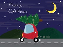 De leuke rode auto draagt de Kerstboom op de weg vector illustratie De leuke rode auto draagt de Kerstboom op de weg vector illustratie