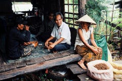 de lokale vrouw in een traditionele kegelhoeden verkopende tabak bij de dorpsmarkt naast de mekong rivier met haar familiezitting stock afbeeldingen de lokale vrouw in een traditionele kegelhoeden verkopende tabak bij de dorpsmarkt naast de mekong rivier met haar familiezitting stock afbeeldingen