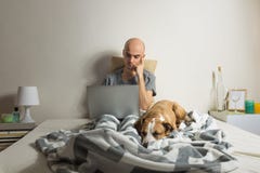 De mannelijke persoon zit met laptop in bed met slaaphond royalty-vrije stock fotografie De mannelijke persoon zit met laptop in bed met slaaphond royalty-vrije stock fotografie