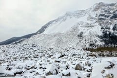 De mening van een basis van een berg waar een reusachtige rotsdia plaatsvond Reusachtige die keienlijn de berg in sneeuw wordt be royalty-vrije stock fotografie De mening van een basis van een berg waar een reusachtige rotsdia plaatsvond Reusachtige die keienlijn de berg in sneeuw wordt be royalty-vrije stock fotografie