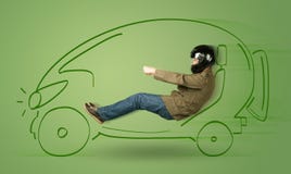 De mens drijft een eco friendy elektrische hand getrokken auto stock afbeelding De mens drijft een eco friendy elektrische hand getrokken auto stock afbeelding