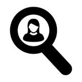 De mensen zoeken avatar van het de persoonsprofiel van de pictogram vector vrouwelijk gebruiker symbool met vergrootglas in vlak vector illustratie De mensen zoeken avatar van het de persoonsprofiel van de pictogram vector vrouwelijk gebruiker symbool met vergrootglas in vlak vector illustratie