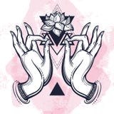 De mooie hand-drawn handen van Boedha met Lotus-bloem en heilige meetkunde Vector illustratie Tatoegering, yoga, spiritualiteit stock illustratie De mooie hand-drawn handen van Boedha met Lotus-bloem en heilige meetkunde Vector illustratie Tatoegering, yoga, spiritualiteit stock illustratie