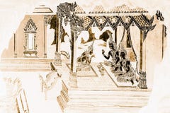 De de muurschilderingschilderijen van Ramakien Ramayana kleuren zwarte en goud op witte muurillustratie langs het galerijenbehang stock fotografie De de muurschilderingschilderijen van Ramakien Ramayana kleuren zwarte en goud op witte muurillustratie langs het galerijenbehang stock fotografie