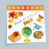 De nuevo a fondo de la venta del calendario de la escuela con las hojas de otoño, la paleta, los libros, la manzana, la campana, libre illustration De nuevo a fondo de la venta del calendario de la escuela con las hojas de otoño, la paleta, los libros, la manzana, la campana, libre illustration