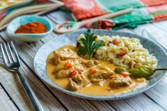 De paprika van kip met versiert op een ceramische plaat stock afbeelding De paprika van kip met versiert op een ceramische plaat stock afbeelding