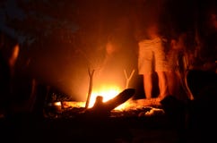 De picknick in de nacht bosmensen bevindt zich rond een brand royalty-vrije stock foto De picknick in de nacht bosmensen bevindt zich rond een brand royalty-vrije stock foto
