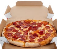 De pizza van pepperonis in een doos op wit royalty-vrije stock afbeelding De pizza van pepperonis in een doos op wit royalty-vrije stock afbeelding